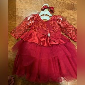 Fancy silk and lace red toddler girl dress with matching bow size 90/2t